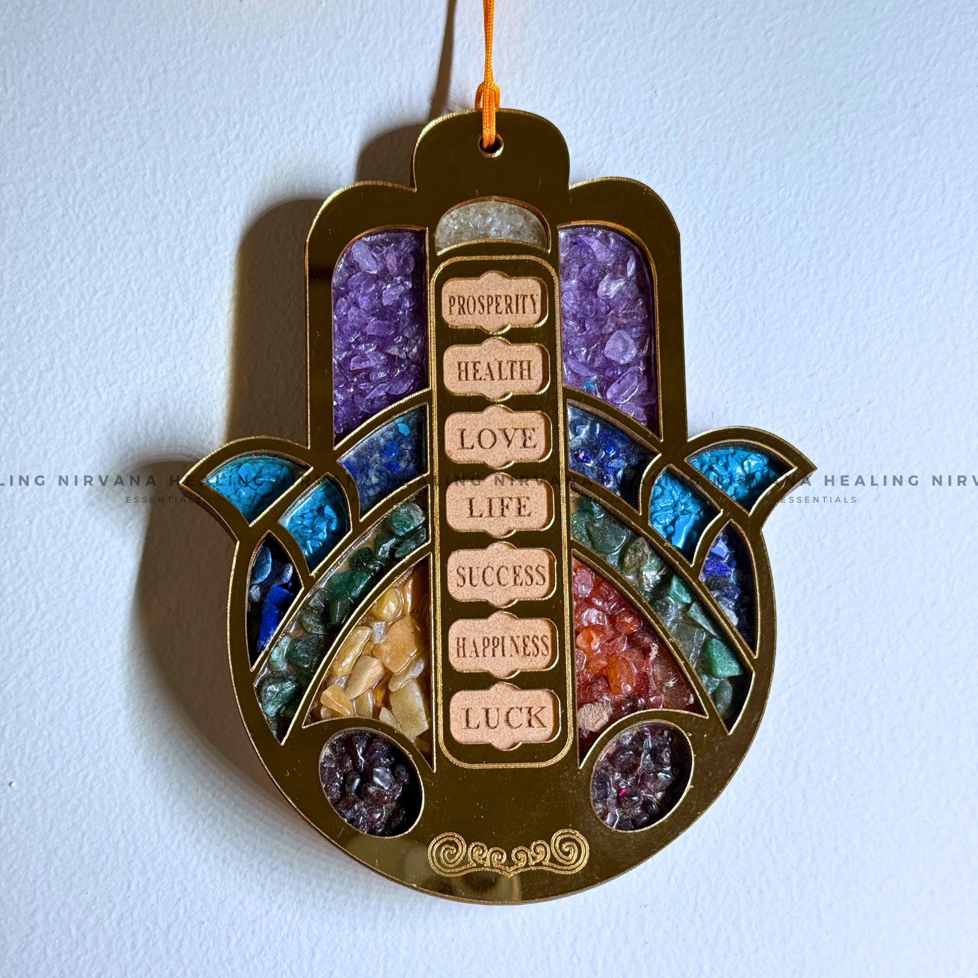 HAMSA HAND SEVEN CHAKRA HANGING WITH CRYSTAL CHIPS (Evil Eye Protection And Balance Energy) - Image 2