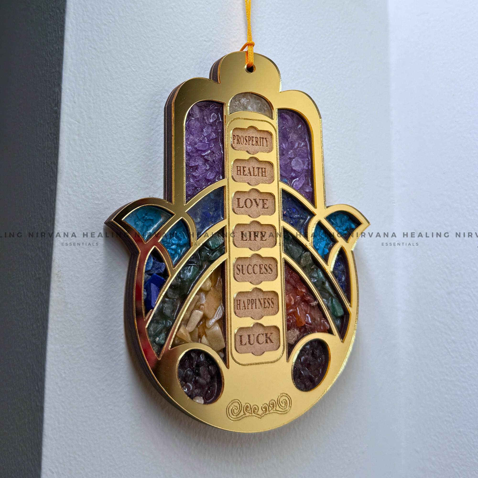 HAMSA HAND SEVEN CHAKRA HANGING WITH CRYSTAL CHIPS (Evil Eye Protection And Balance Energy) - Image 3