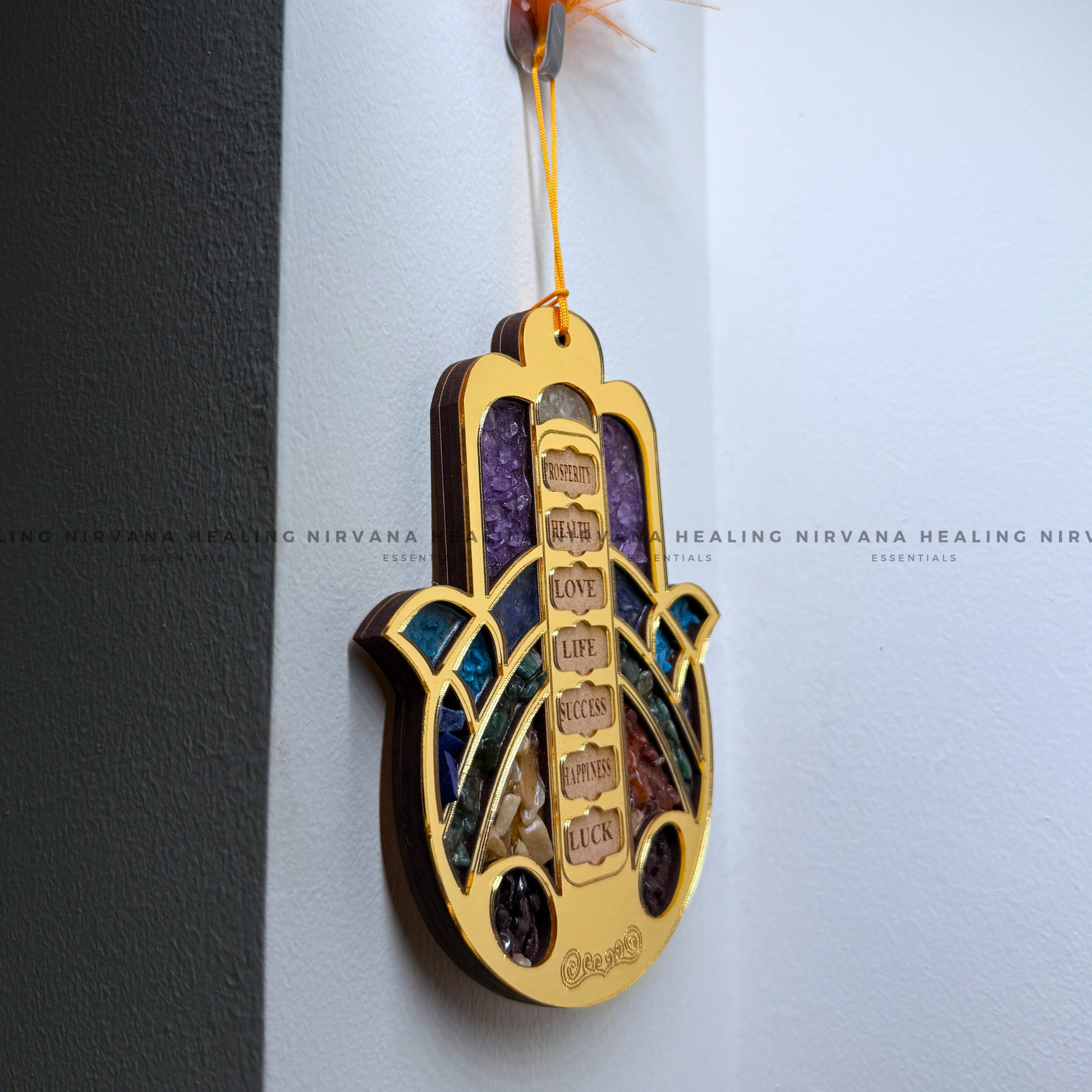 HAMSA HAND SEVEN CHAKRA HANGING WITH CRYSTAL CHIPS (Evil Eye Protection And Balance Energy) - Image 4