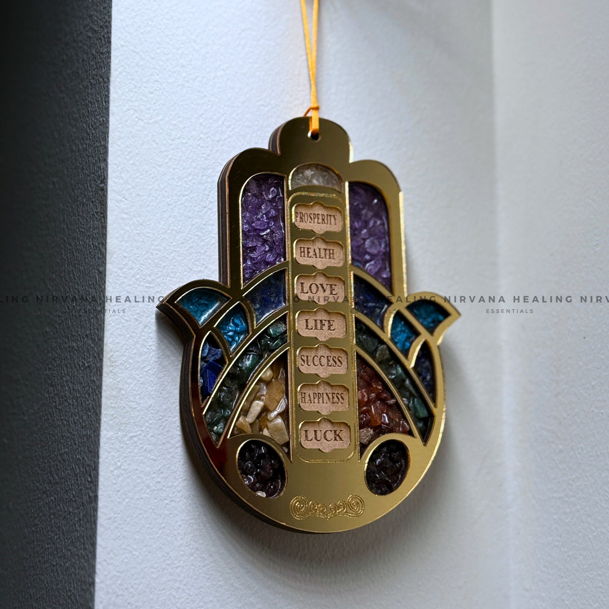 HAMSA HAND SEVEN CHAKRA HANGING WITH CRYSTAL CHIPS (Evil Eye Protection And Balance Energy) - Image 5