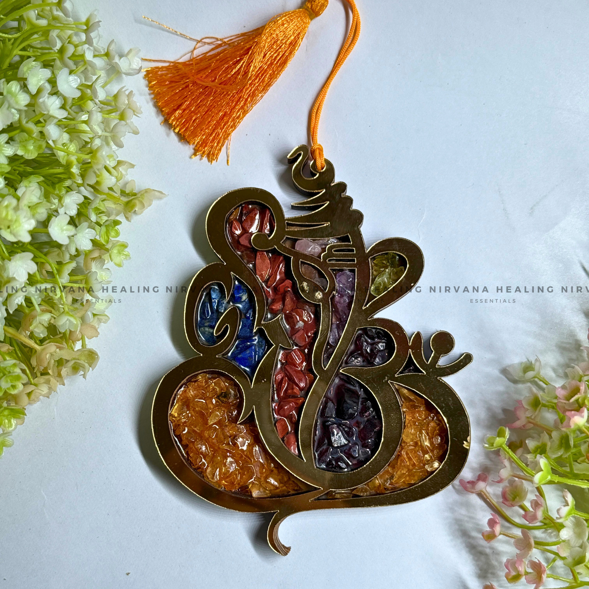 GANESHA SEVEN CHAKRA WALL HANGING WITH CRYSTAL CHIPS (Prosperity, Obstacle Removal And Chakra Healing)