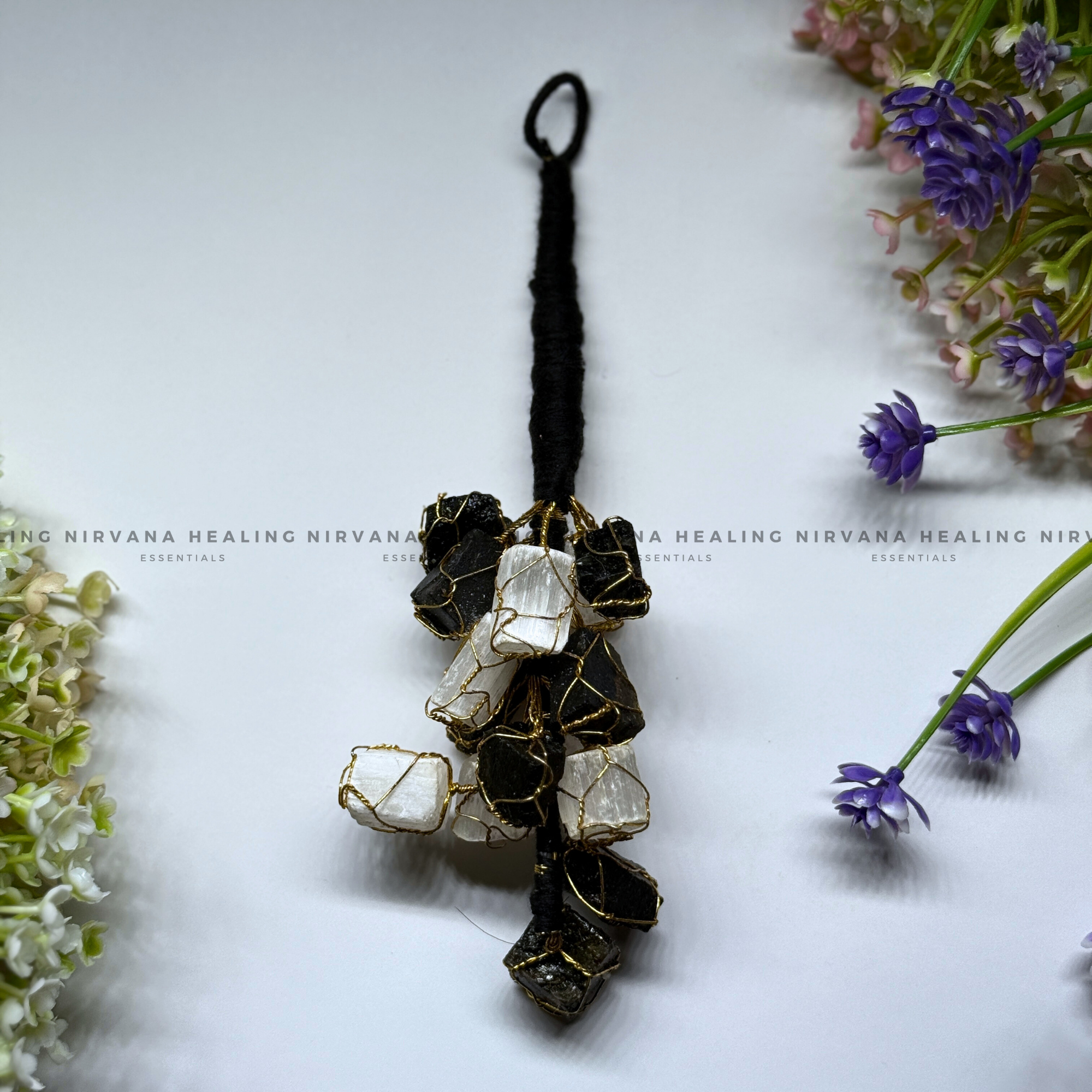 BLACK TOURMALINE AND SELENITE (DOOR HANGING) (Protection, Grounding, Shielding And Growth)