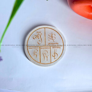 SELENITE  ZIBU SYMBOLS ROUND CHARGING PLATE (Aura Cleansing ,Charging, Cleansing And Purification).