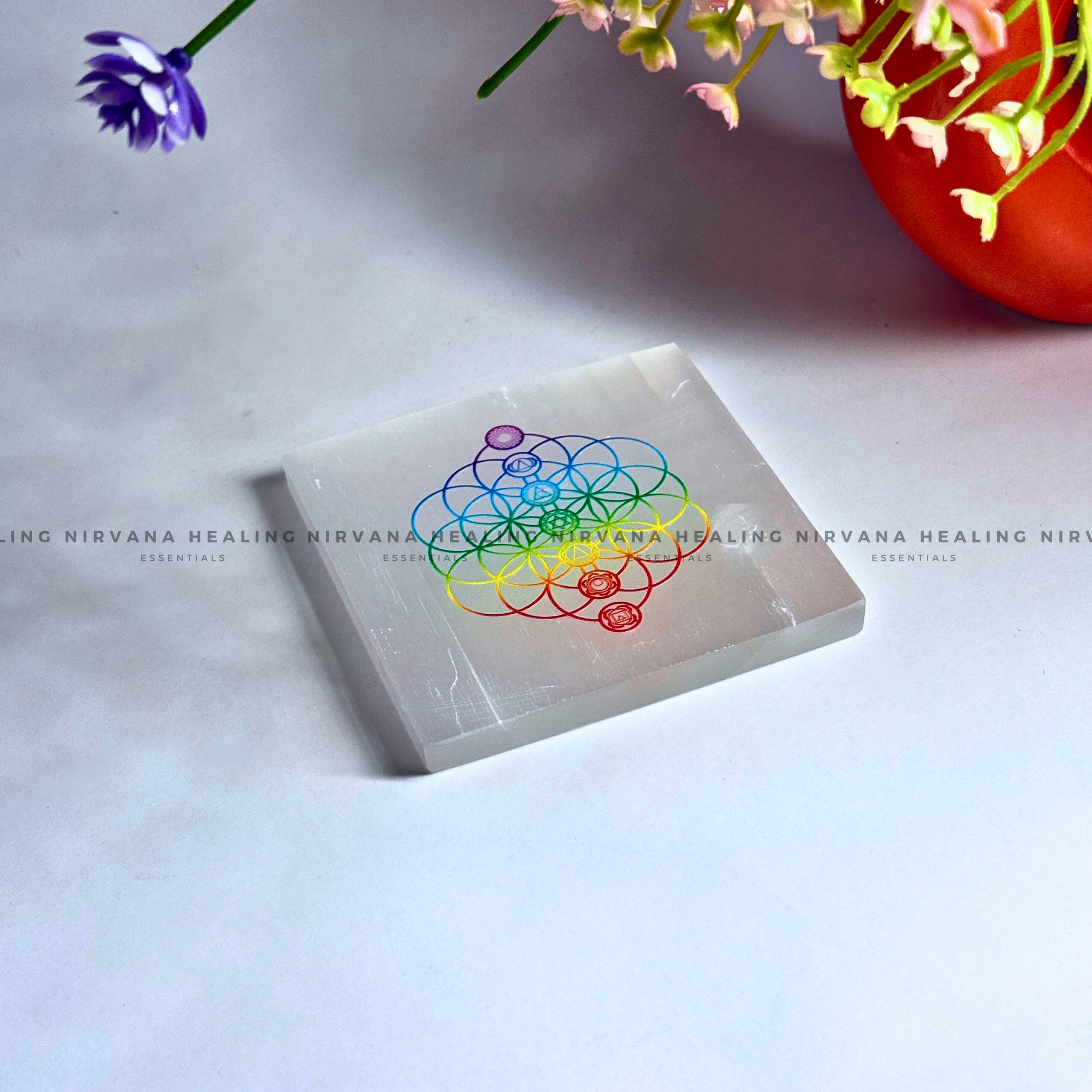 SELENITE FLOWERS AND CHAKRAS CHARGING PLATE (Aura Cleansing ,Charging, Cleansing And Purification). - Image 2