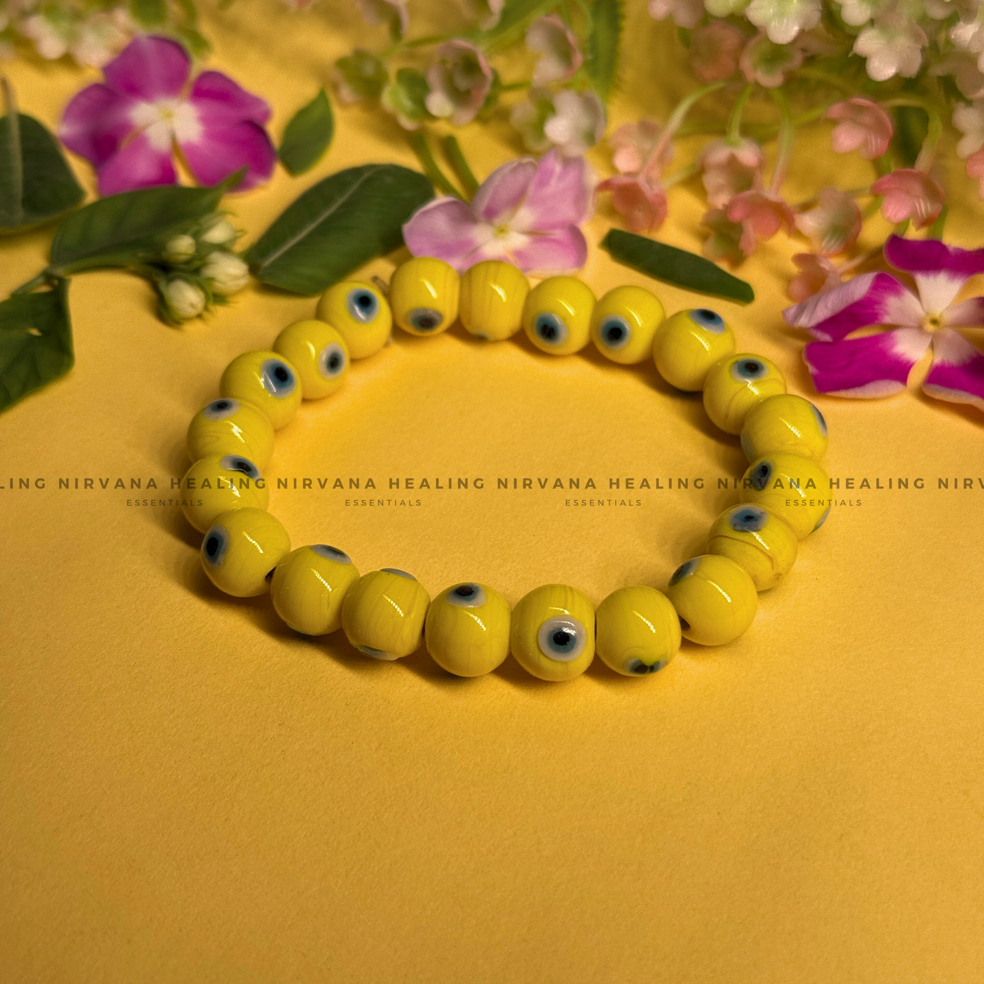 YELLOW EVIL EYE ROUND BEADED BRACELET (Optimism, Clarity, Protection)