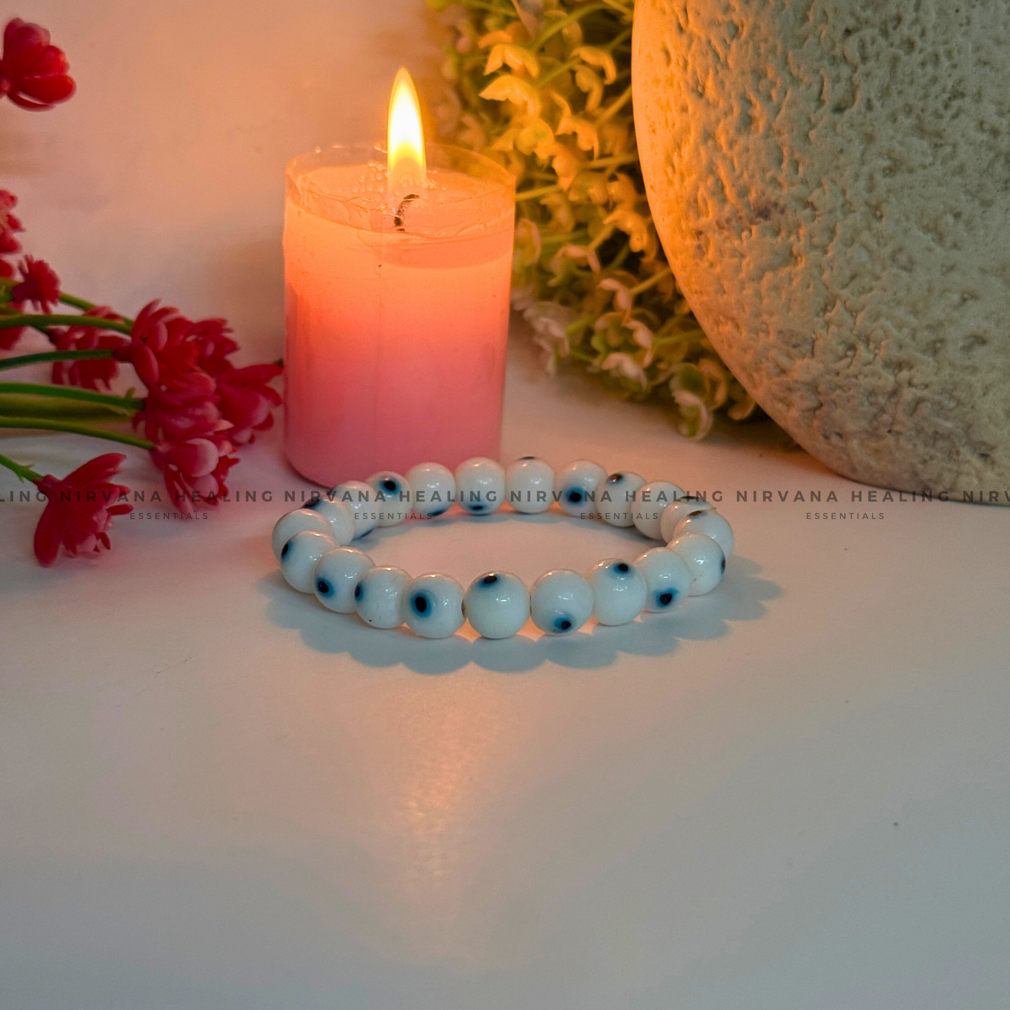 WHITE EVIL EYE ROUND BEADED BRACELET (Purity, Protection And New Beginnings) - Image 3