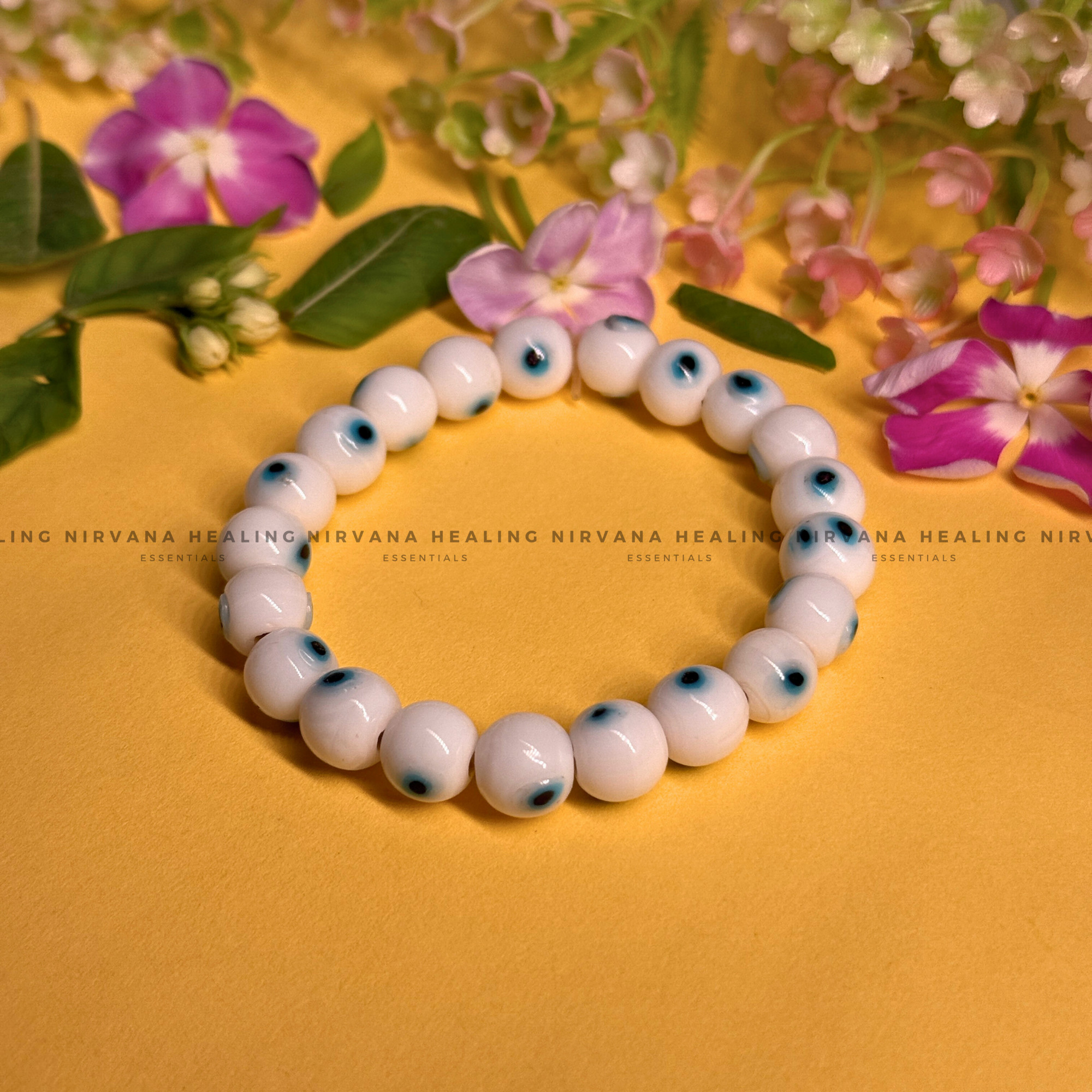 WHITE EVIL EYE ROUND BEADED BRACELET (Purity, Protection And New Beginnings)