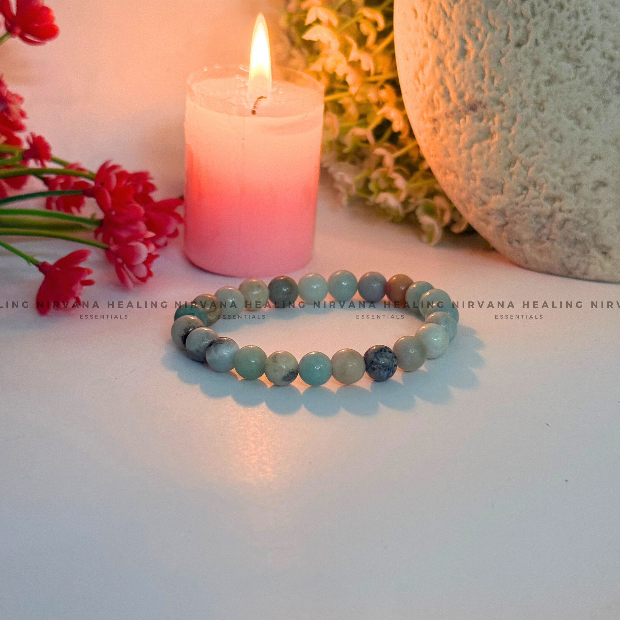 AQUAMARINE ROUND BEADED BRACELET (Calm, Clarity, Courage And Emotional Healing) - Image 2