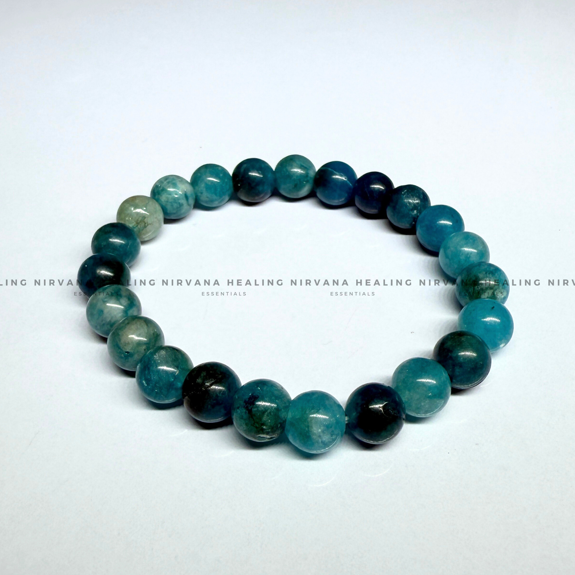 BLUE APATITE ROUND BEADED BRACELET (Goal Setting, Motivation, Manifestation, Communication). - Image 2