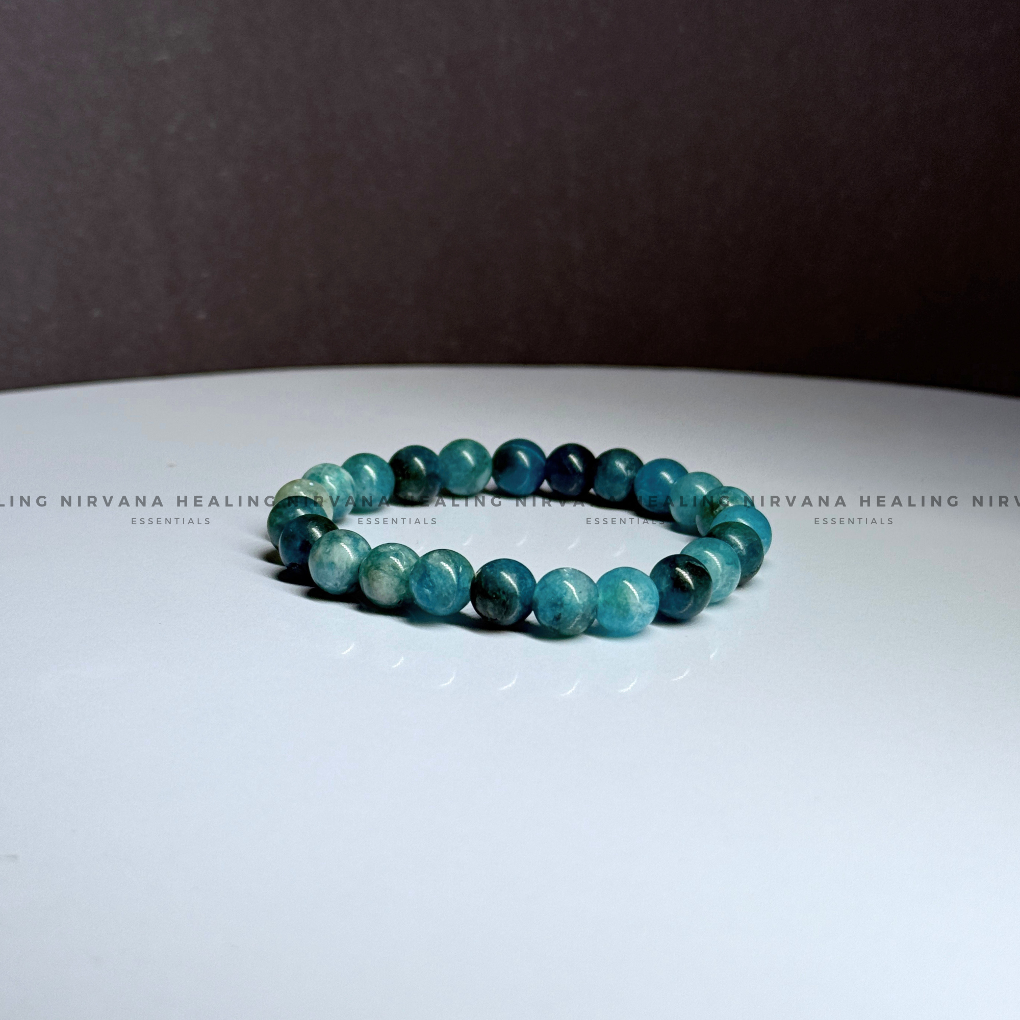 BLUE APATITE ROUND BEADED BRACELET (Goal Setting, Motivation, Manifestation, Communication). - Image 3