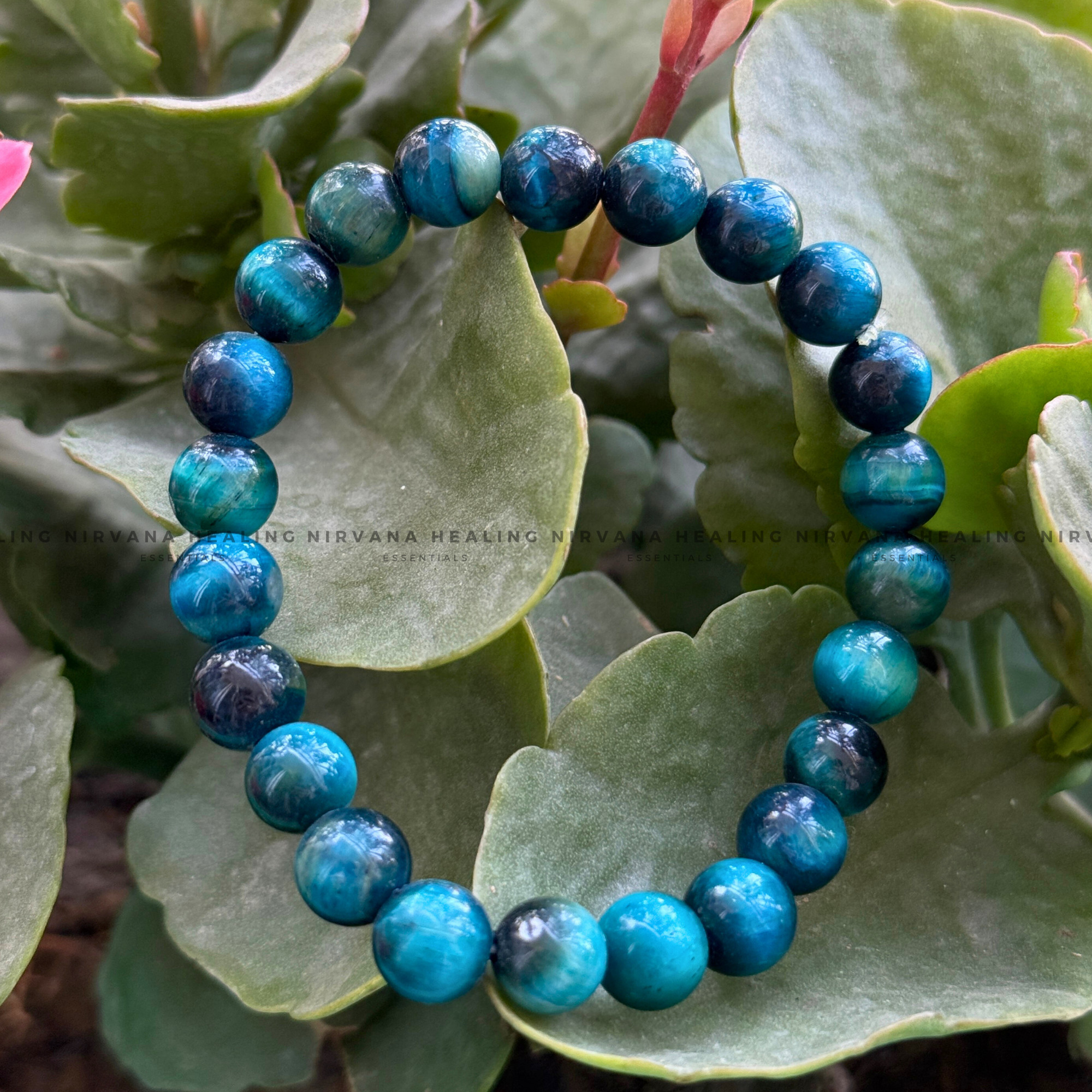 BLUE APATITE ROUND BEADED BRACELET (Goal Setting, Motivation, Manifestation, Communication). - Image 5