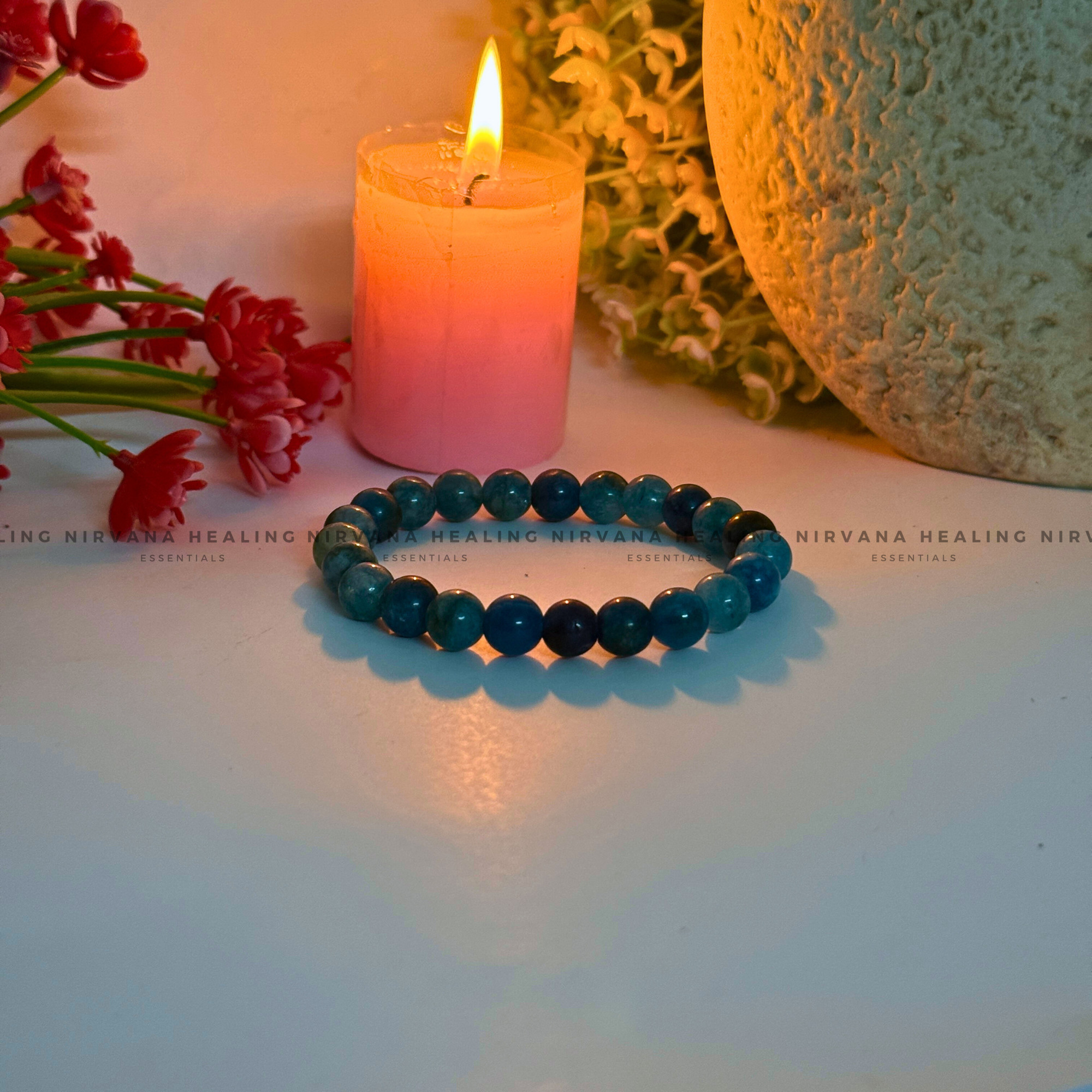 BLUE APATITE ROUND BEADED BRACELET (Goal Setting, Motivation, Manifestation, Communication). - Image 4