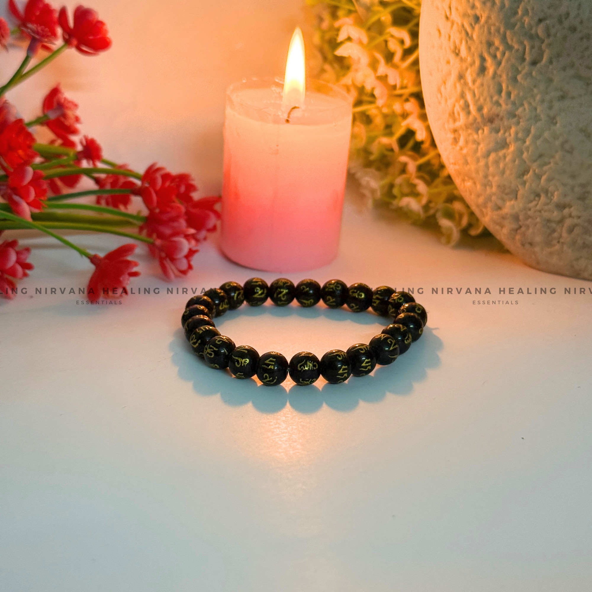 BLACK OM MANI PADME HUM ROUND BEADED BRACELET (Compassion, Protection, Spiritual Awakening) - Image 5
