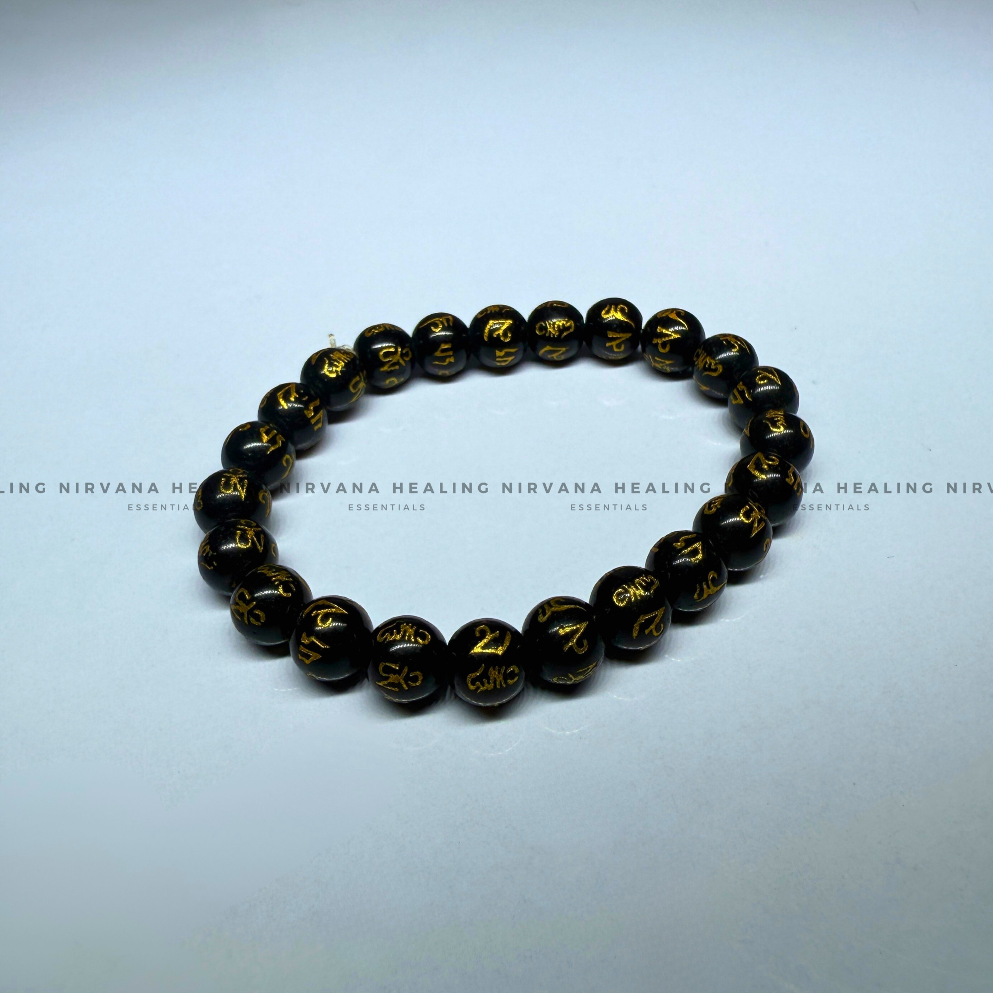 BLACK OM MANI PADME HUM ROUND BEADED BRACELET (Compassion, Protection, Spiritual Awakening) - Image 2