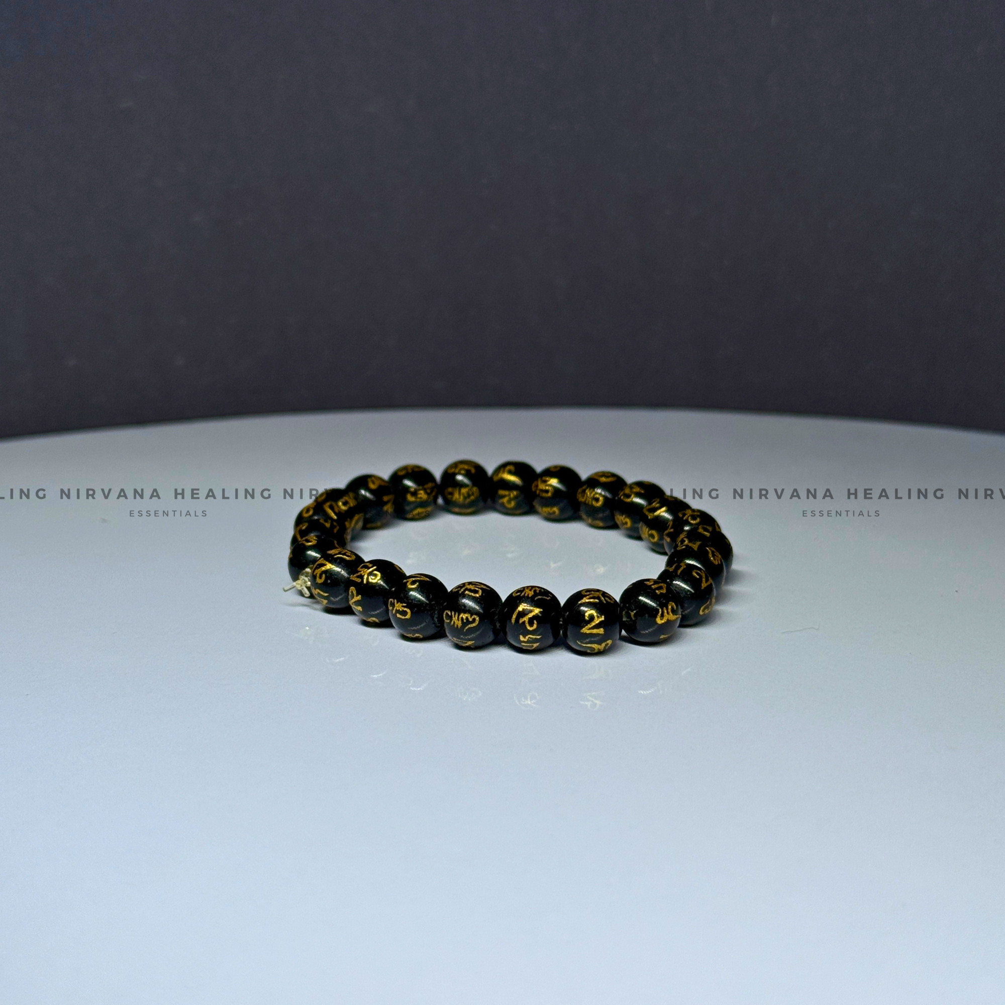 BLACK OM MANI PADME HUM ROUND BEADED BRACELET (Compassion, Protection, Spiritual Awakening) - Image 3