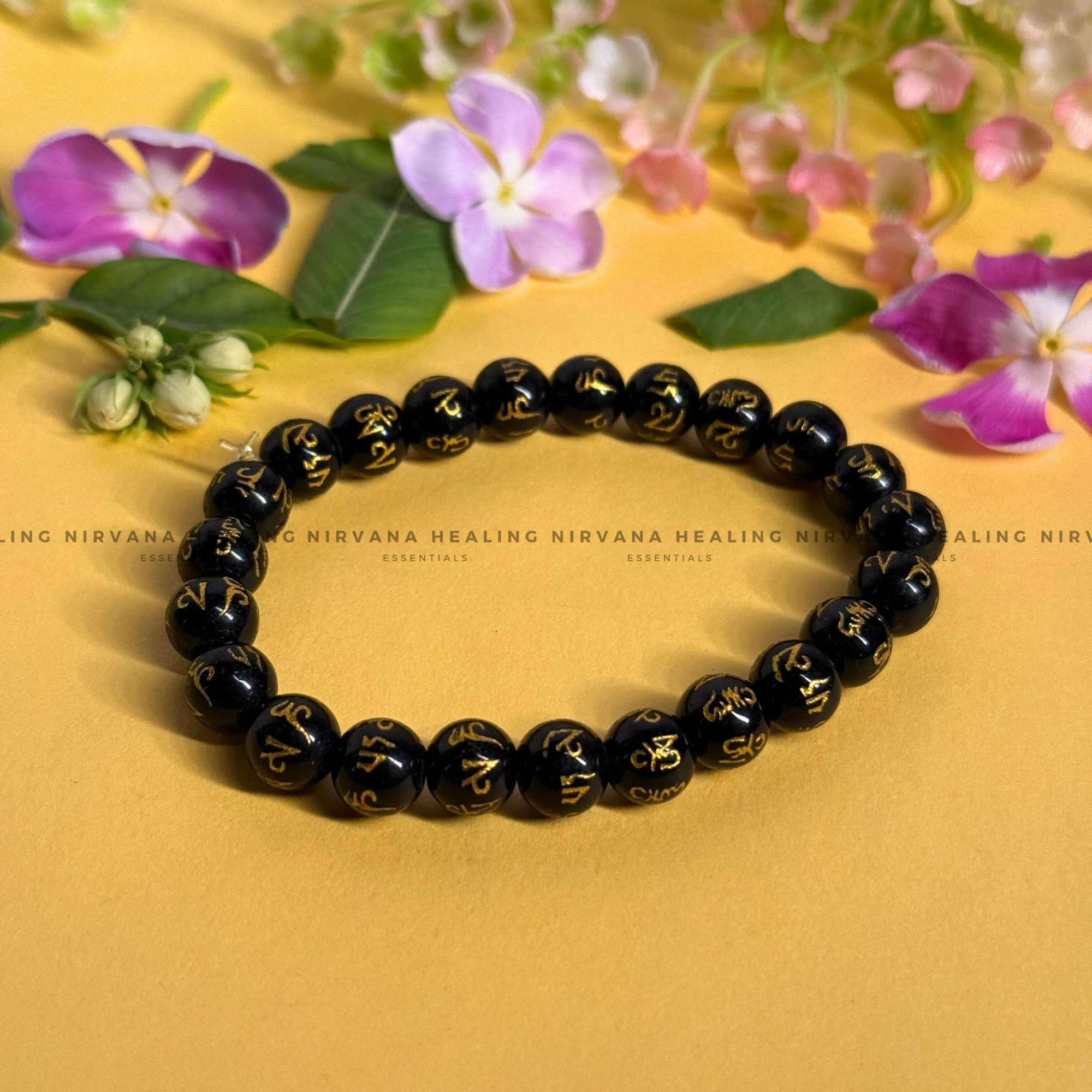 BLACK OM MANI PADME HUM ROUND BEADED BRACELET (Compassion, Protection, Spiritual Awakening)