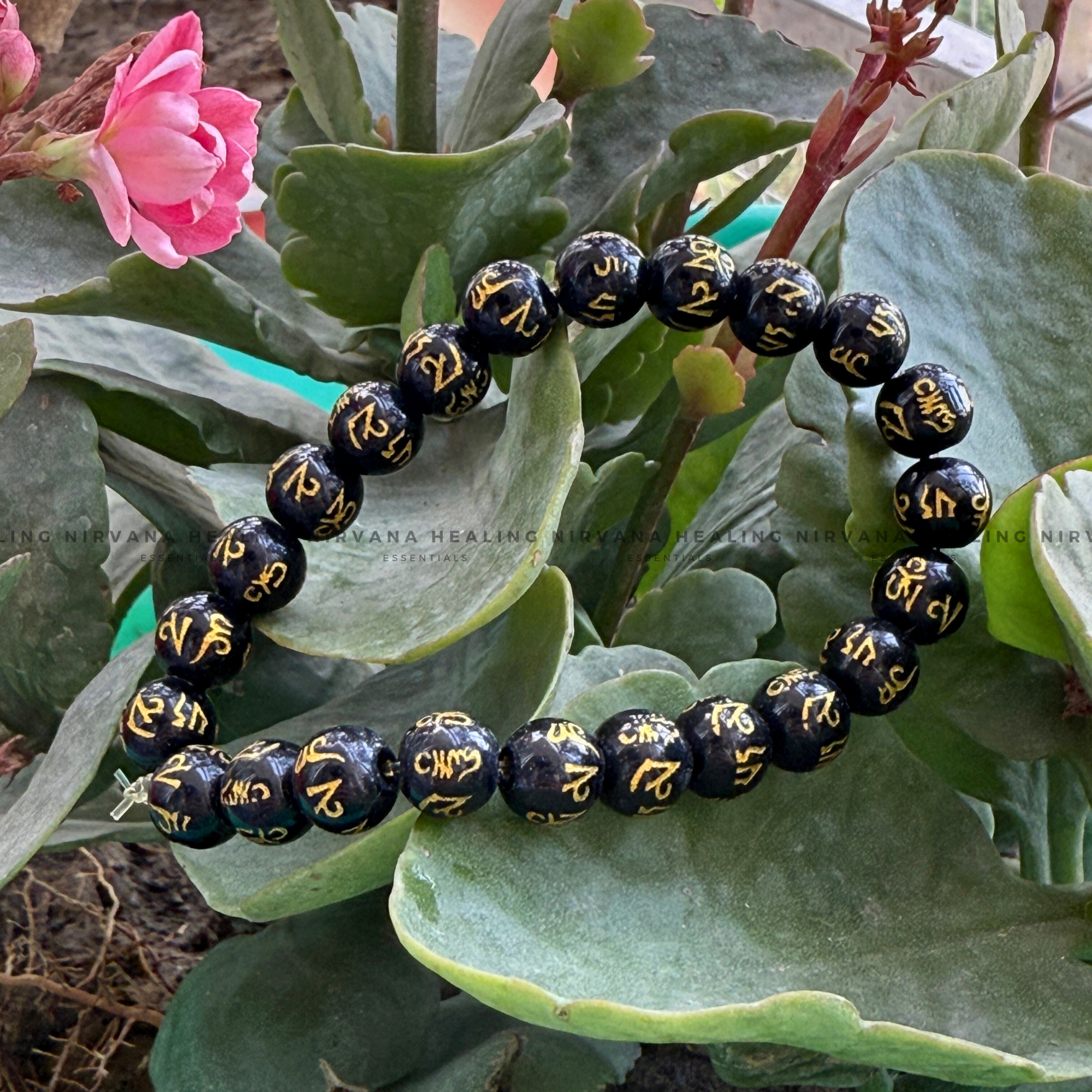 BLACK OM MANI PADME HUM ROUND BEADED BRACELET (Compassion, Protection, Spiritual Awakening) - Image 4
