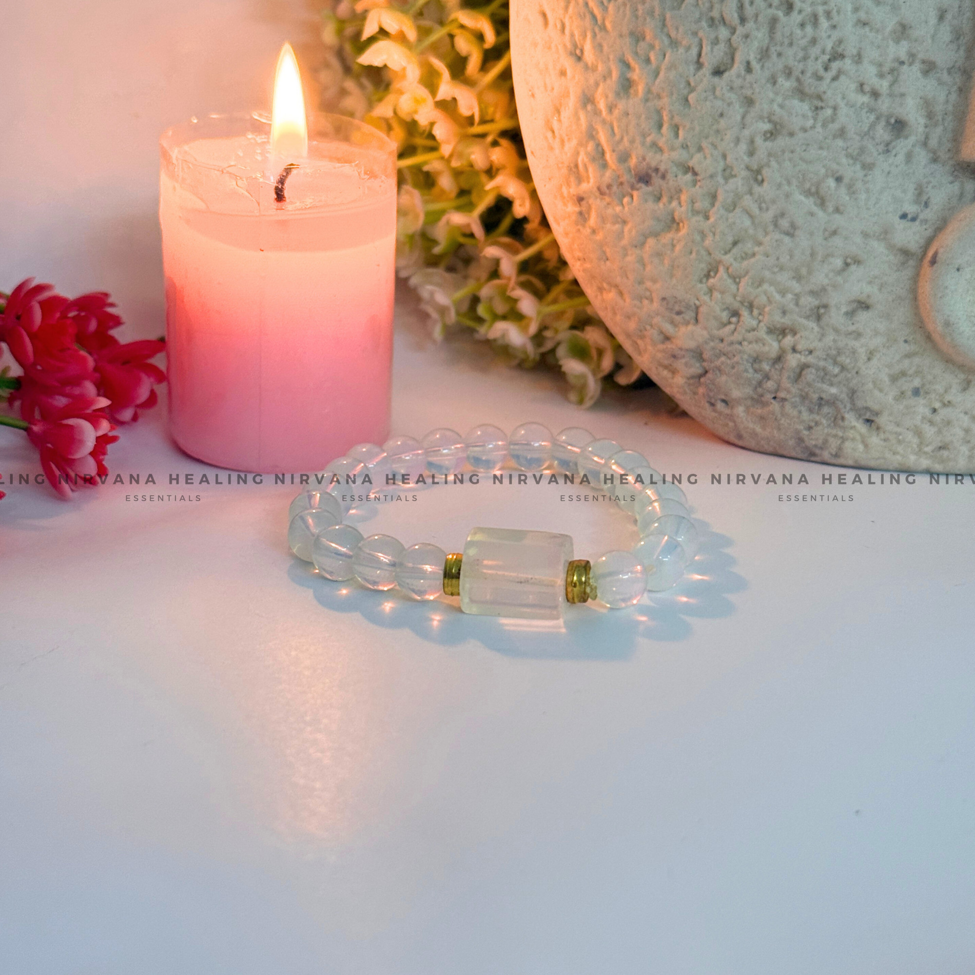 OPALITE WITH DESIGN ROUND BEADED BRACELET (Balance, Enhance Psychic Abilities, Serenity And Transformation) - Image 3