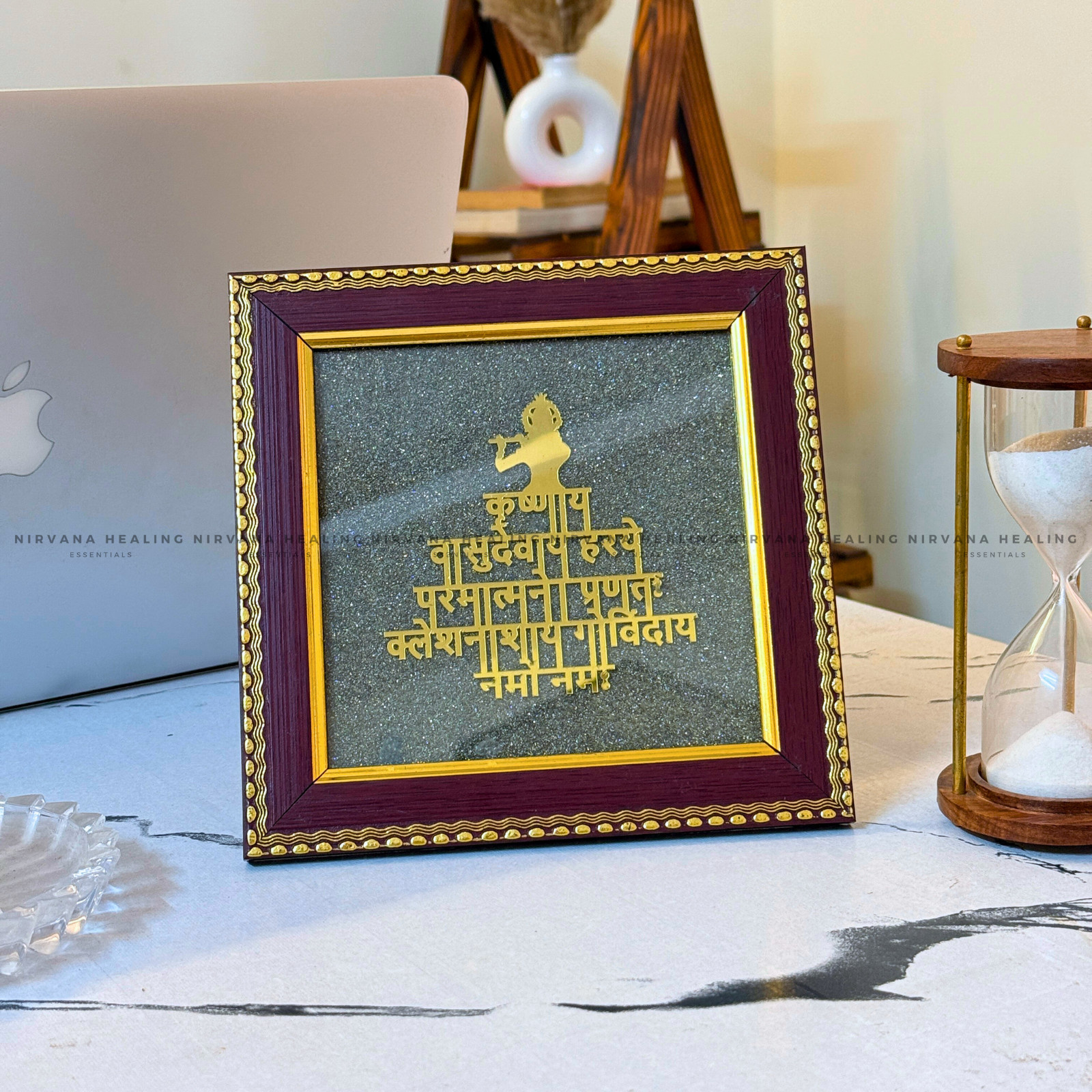 SHREE KRISHNA MAHA MANTRA ON RAW PYRITE FRAME (Divine Peace & Abundance)