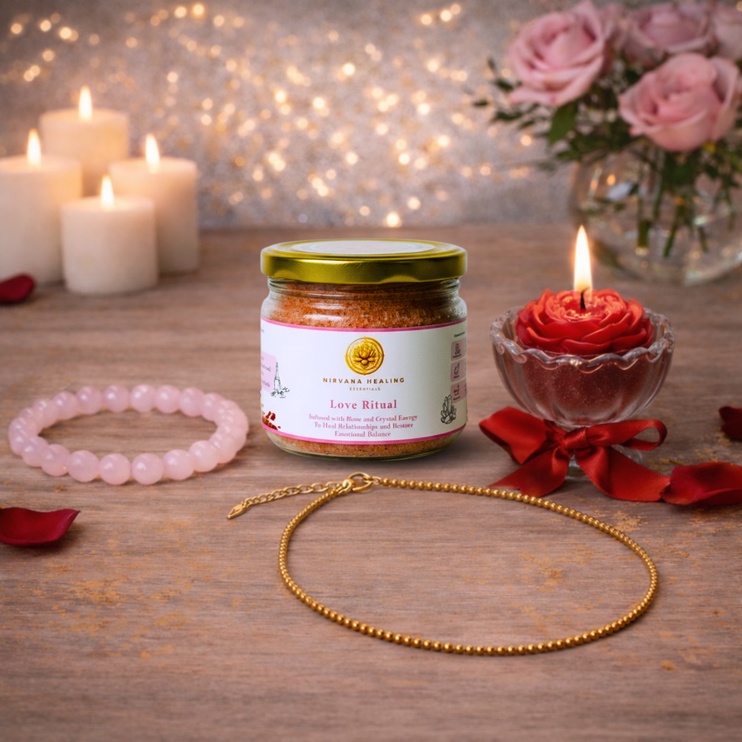 LOVE RITUAL BATH SALT, ROSE QUARTZ ROUND BEADED BRACELET, PYRITE ANKLET AND FLORAL JAR CANDLE GIFT COMBO - Image 2