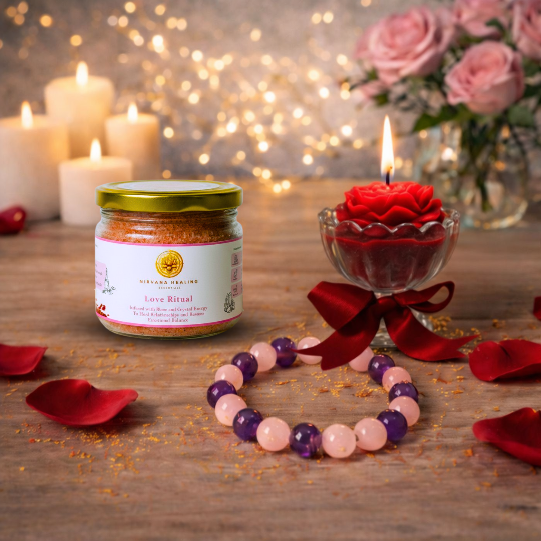 LOVE RITUAL BATH SALT, ROSE QUARTZ + AMETHYST BRACELET AND FLORAL JAR CANDLE GIFT COMBO - Image 2